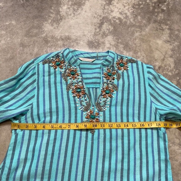 Soft Surrounding Shirt Womens sz Small Boho Striped Blue Tunic Roll Tab‎ Sleeve - Picture 4 of 13